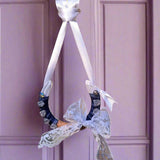 Irish Romantic Wedding Horseshoe with pale blue lace white and navy ribbon silver rosettes and crystals - Parade Handmade