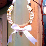 White Wedding Horseshoe with Pearls wirework white ribbon crystal and gold leaf - Parade Handmade