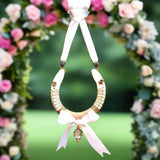 Romantic wedding horseshoe with white ribbon pearls crystals and gold wirework - Parade Handmade