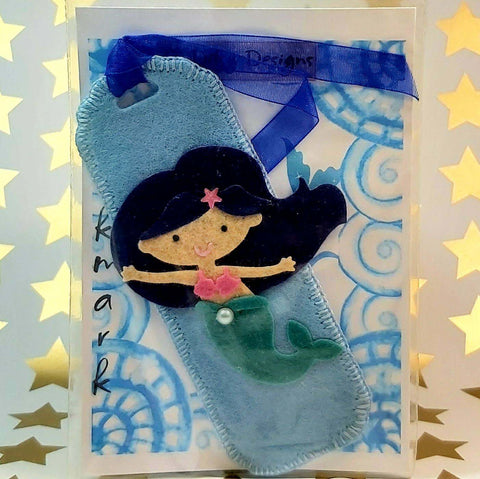 Bookmark, Dark Haired Mermaid on Blue, By Ditsy Designs. Parade-Handmade