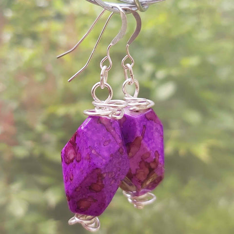 Zingy Purple Earrings with Acrylic - SP Copper Wire Work -  SS Hooks - by Lapanda Designs - Parade Handmade Ireland