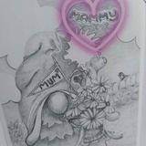 Illustration of a little funny gnome holding flowers with 'Mum' and 'Mammy' hearts, in black and white with pink accents - Parade Handmade