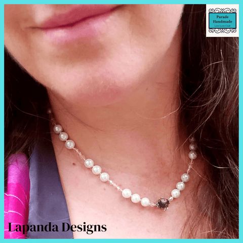 Mother of Pearl Necklace with Black and Pink Crystal Focal Bead by Lapanda Designs - Parade Handmade