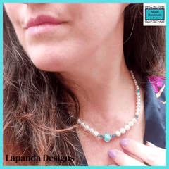 Pearl Necklace with Turquoise Crystal, by Lapanda Designs