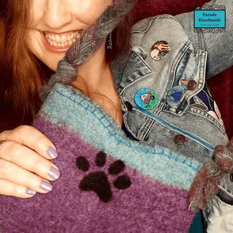 Recycled Wool Felt Shoulder Bag with Pockets and Zip - Boho Chic Felt Bag with Paw Prints - Parade Handmade