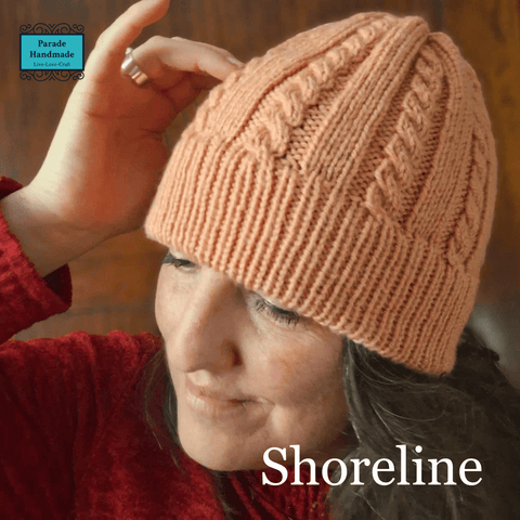 Salmon pink wool beanie with intricate vertical cable Aran pattern and faux turn-up double brim - Parade Handmade