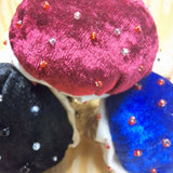 Three Handmade Velvet Mushroom Keepsakes – Beaded Hanging Ornament or Pincushion