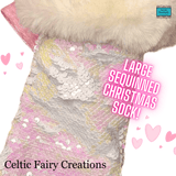 Large Luxury Sequinned White and Pink Christmas Sock by Celtic Fairy Creations - Parade Handmade 
