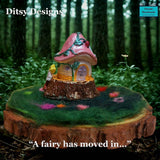 Fairy house mushroom on a tree stump with a leafy vine and ladybird, in a forest setting, featuring 'Ditsy Designs' branding at Parade Handmade