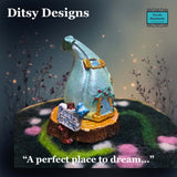 Fairy house with a mint green sparkly roof and gold accents on a green felted garden with flowers atop a slice of log, by'Ditsy Designs' at Parade-Handmade