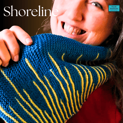 Teal infinity scarf with yellow blade motif and garter stitch texture from Shoreline - Parade handmade