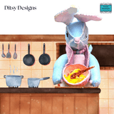 Plush blue rabbit keepsake character cooking in a kitchen with batter in a bowl by Ditsy Designs - Parade Handmade