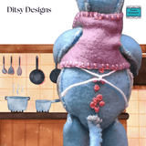 Alex – The Baking Mouse with batter in a bowl.and a little apron and bolero. Rear view of mouse. A Blue Felt Miniature Mouse Keepsake from Ditsy Designs - Parade Handmade