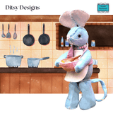 Alex – The Baking Mouse with batter in a bowl. A Blue Felt Miniature Mouse Keepsake from Ditsy Designs - Parade Handmade collections