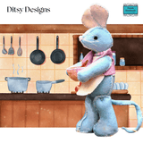 Alex – The Baking Mouse with batter in a bowl.with an apron bolero necklace and a wooden spoon: A Blue Felt Miniature Mouse Keepsake from Ditsy Designs - Parade Handmade