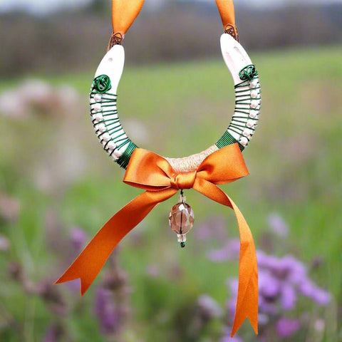 Irish Romantic Wedding Horseshoe with Pearls green wirework gold ribbon  - Parade Handmade