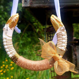 Irish Romantic Wedding Horseshoe with white pearls and ribbon gold wirework and gold leaf, twine and a gold bow plus crystals - Parade Handmade