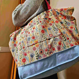 Oversized Tapestry Tote Bag: Floral Dream - Painterly flower garden with Light blue denim contrasting fabric - Parade Handmade