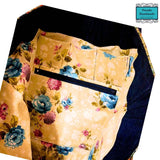 Oversized Tapestry Tote Bag: Flower Garden - Painterly flower garden tote with yellow lining with blue flowers with dark navy denim contrasting fabric and zipped inner pocket - Parade Handmade