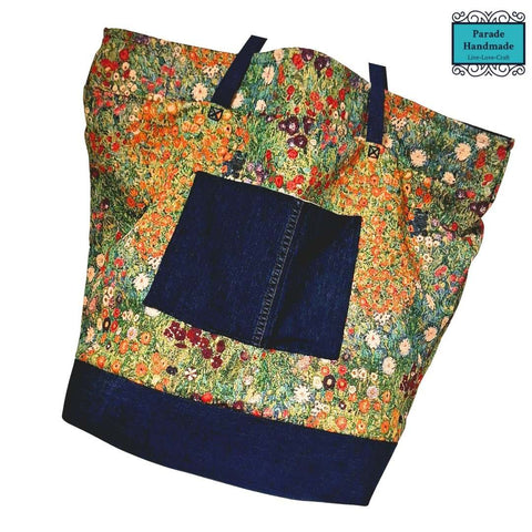 Oversized Tapestry Tote Bag: Flower Garden - Painterly flower garden with dark navy denim contrasting fabric - Parade Handmade