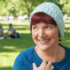 Pale Mint Cable Knit Green Hat With Turn Up, By Jo's Knits