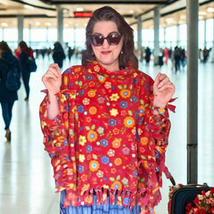 Red Floral Fleece Poncho