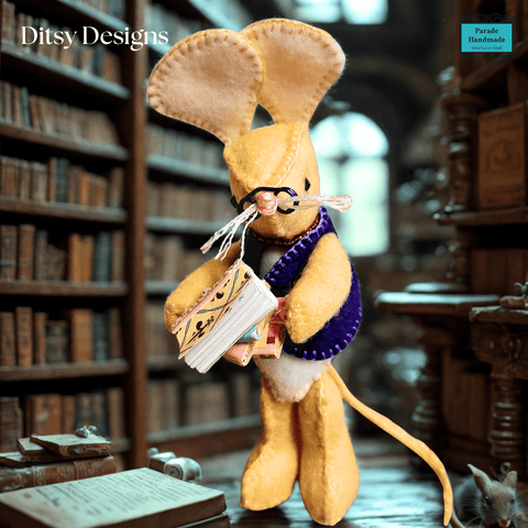 Miniature mouse keepsake called Theo the Librarian with purple gilet - pince-nez and pile of mini books - Ditsy Designs