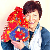 Drawstring Appliqué Bag - Luxe Floral Fleece with Heart and Floral Motif - Parade Handmade