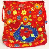 Drawstring Appliqué Bag - Luxe Red Floral Fleece with Heart and Floral Motif - Parade Handmade