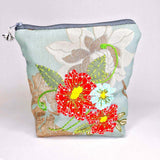 Handmade Embroidered Flat Bottom Pouch With Appliqué Floral Motifs - Parade Handmade