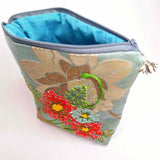 Handmade Embroidered Flat Bottom Pouch With Appliqué Floral Motifs - Parade Handmade