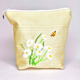 Handmade Embroidered Flat Bottom Pouch With Daisies and Bee Motif - Parade Handmade