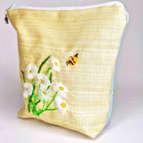 Handmade Embroidered Flat Bottom Pouch With Daisies and Bee - Parade Handmade
