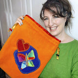 Drawstring Appliqué Bag - Orange Fleece with Heart and Multicoloured Butterfly - Parade Handmade
