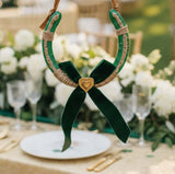 Green and Gold Lucky Wedding Horseshoe with Green Velvet Ribbon and Twine Detail