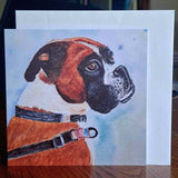 Watercolour painting of a boxer dog on a white card with a blue background by Nuala Brett-King - Parade Handmade
