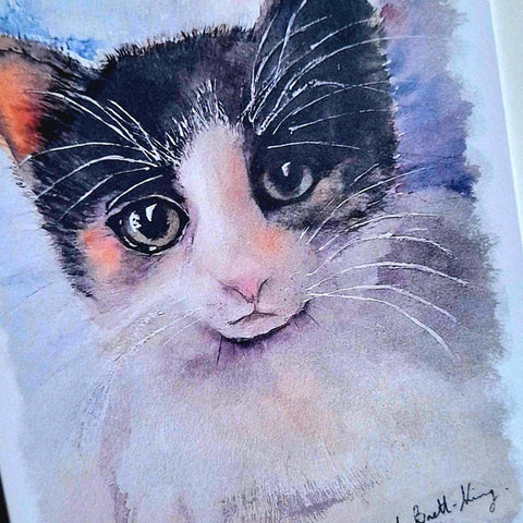 Artistic watercolor card of a cat's face with a soft focus background by Nuala Brett-King - Parade Handmade