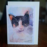 Card by Nuala Brett - King with a watercolor painting of a calico cat on a wooden surface Parade Handmade