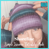 Purple and Turquoise Light Weight Hand Knitted Hat and Wrist Warmers Set in 60% Wool Seamless pattern M/L  by Shoreline - Parade Handmade
