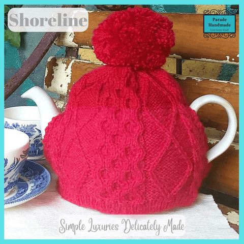 Elevate tea-time with our 2 tone red Hand-Knitted 100% Wool Aran Tea Cosies by Shoreline - Parade Handmade