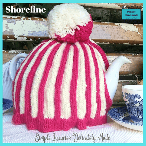 Super cute fuchsia pink and cream striped Tea Cosy with bobble by Shoreline - Parade Handmade