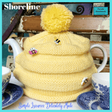 Hand-Knitted Honeycomb Tea Cosy with Wooden Bees and Pom-Pom - Yellow, 100% Wool by Shoreline - Parade Handmade