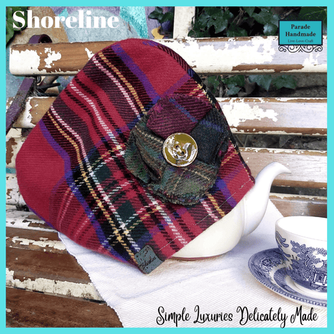 Handmade Woolen Lined Tea Cosy in a Red Plaid Pattern and Ceramic Button Flower Detail (Big Teapot) by Shoreline - Parade Handmade
