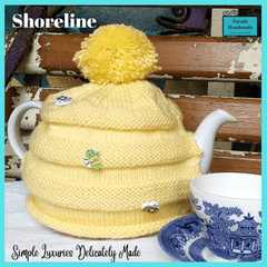 Hand-Knitted Honeycomb Tea Cosy with Wooden Bees and Pom-Pom - Yellow, 100% Wool