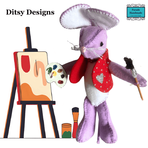 Luna the Daydreaming Painter – Miniature Mouse Keepsake Sporting a new Red Felt Bolero with a Heart design by Ditsy Designs - Parade Handmade
