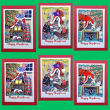 Six Christmas greeting cards arranged in a 2 each of 3 designs grid on a bright green background. Each of the three different designs features a colorful illustration of Mr Gnome enjoying various indoor Christmas exploits with a red border and the text 'Happy Christmas' at the bottom. - Pa4ade Handmade