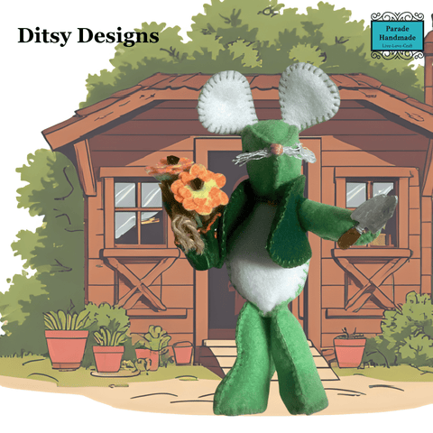 Gracie the Gentle Gardener – Miniature Mouse Keepsake sporting a new green bolero by Ditsy Designs - Parade Handmade