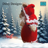 Side view of Santa Claus Mouse hand knitted in a  By Ditsy Designs seen here in snowy weather Parade-Handmade. Ireland
