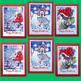 6 Christmas greeting cards, 2 each of three drsigns, arranged in a grid on a bright green background. Each card features a whimsical winter illustration of Mr Gnomes Outdoor activities, building a snowman, decorating the outdoor tree, sledging fast but toppling off, and the text 'Happy Christmas' in red at the bottom. - Parade Handmade
