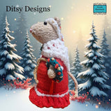 Side view of Mrs.Claus Mouse keepsake in a Winter scene hand knitted and decorated By Ditsy Designs - Parade Handmade